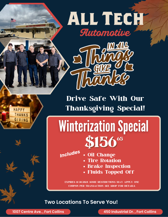 Winterization Special $156.65 Includes Oil Change, Tire Rotation, Brake Inspection, Fluid Topped Off | All Tech Automotive